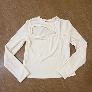 Cream Ribbed Long-Sleeve Top with Asymmetric Cutout
